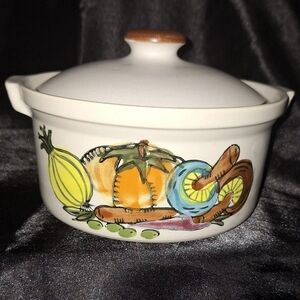 Vintage Stoneware Crock With Lid~Vegetable Design~Oven Proof~Korea~Hand Painted
